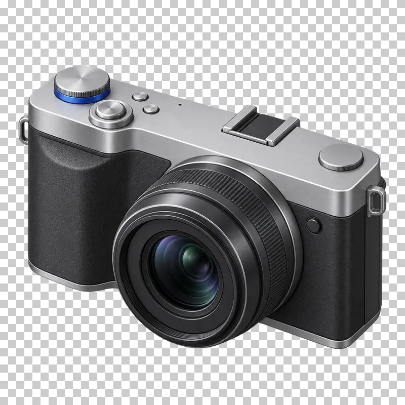 A graphite and aluminum digital camera with a mounted lens and cobalt dial accent.