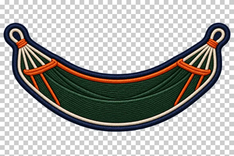 A curved green hammock with orange trim and cream suspension ropes inside a navy stitched outline.
