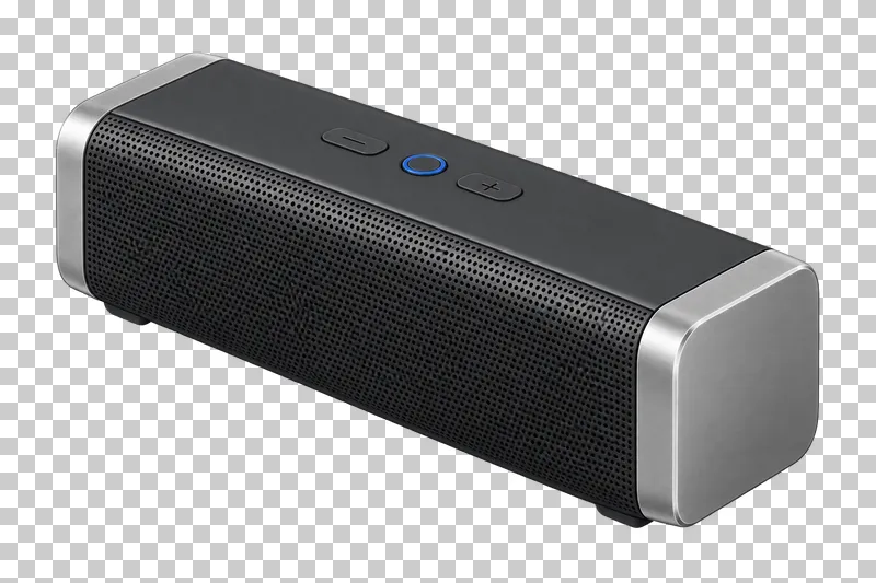 A portable graphite speaker with a perforated grille, aluminum ends and cobalt control accent.