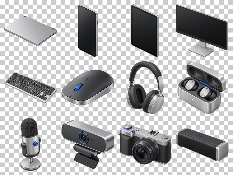 Isometric Everyday Tech PNG Collection: all 12 elements in one grid