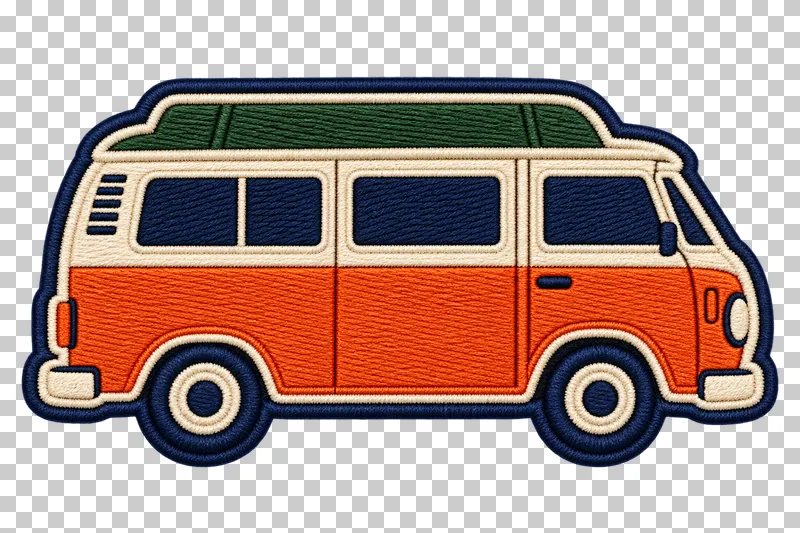 A cream and orange camper van with navy windows and wheels and a green roof in an embroidery style.