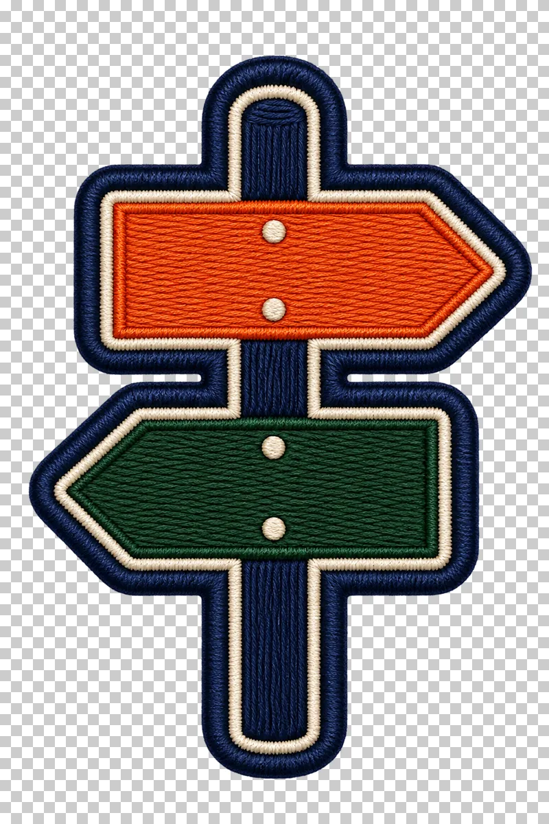 A navy trail signpost with blank orange and green arrows pointing in opposite directions, outlined with stitching.