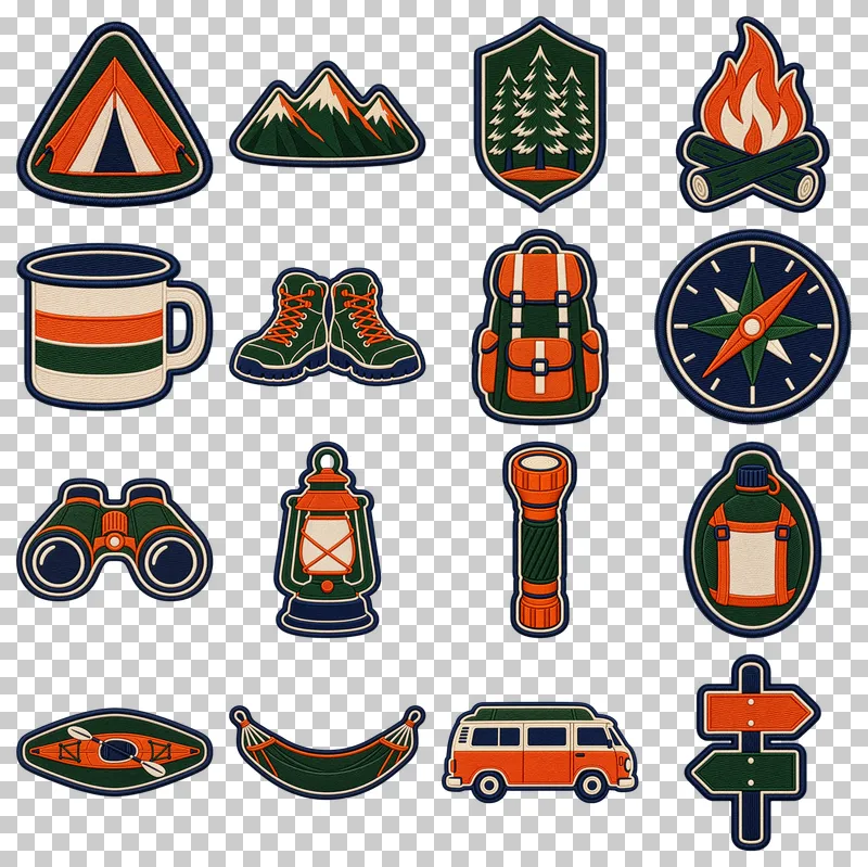 Embroidered Camping Patches PNG Collection: all 16 elements in one grid