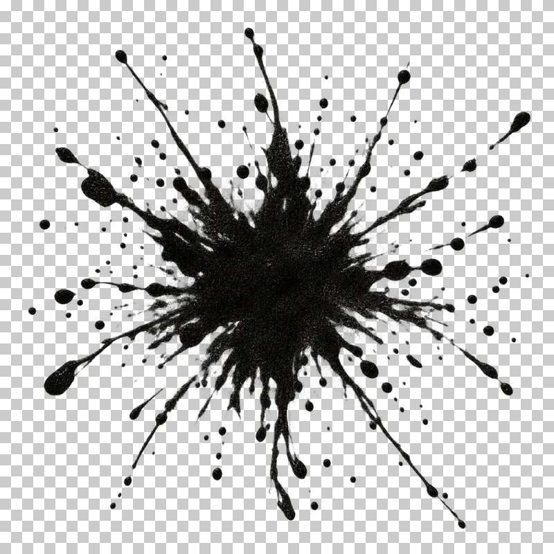 A radial black ink splatter with a dense impact center, thin jets and detached droplets.