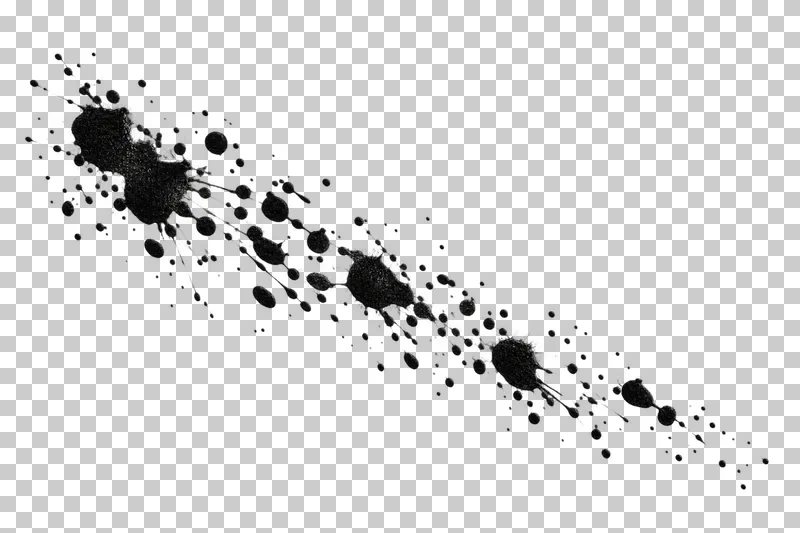 A diagonal trail of black ink droplets and small splashes running from upper left to lower right.