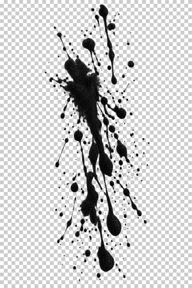 A vertical cascade of elongated black ink drops and small scattered splashes.