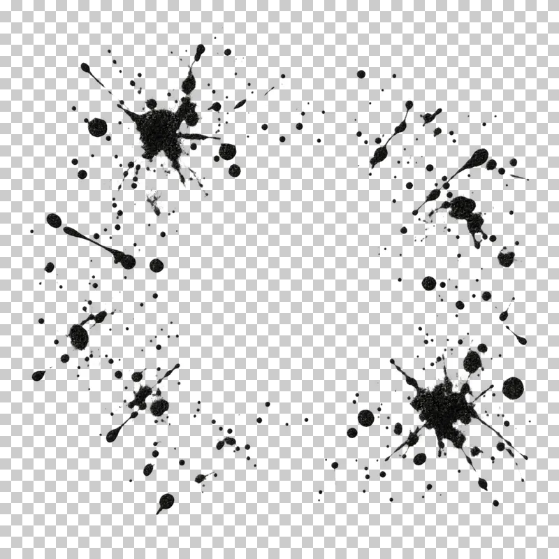 A sparse arrangement of black ink splashes and droplets surrounding a large empty center.