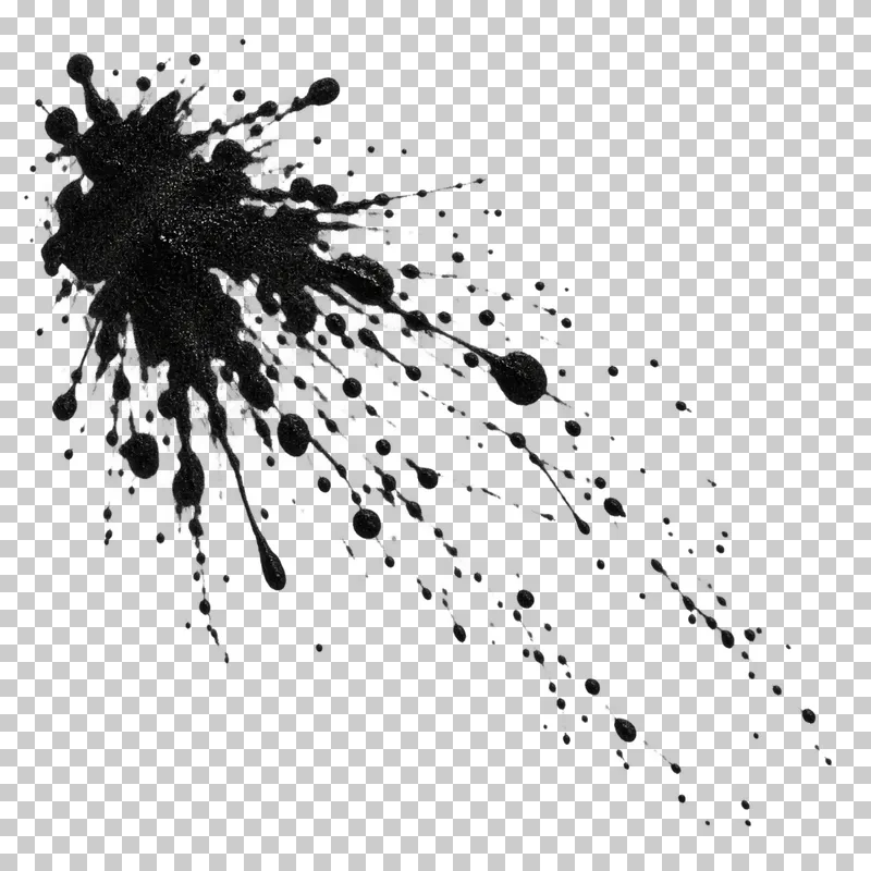 A black ink splatter concentrated at the upper left with droplets extending toward the lower right.