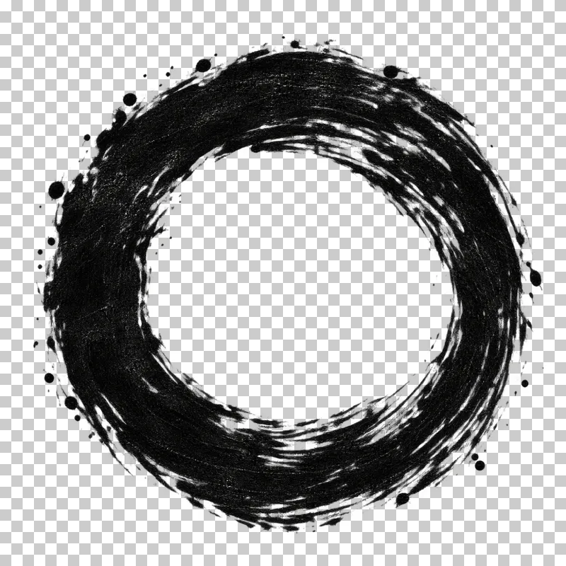 A closed thick black brush ring with uneven width and transparent dry-brush gaps.