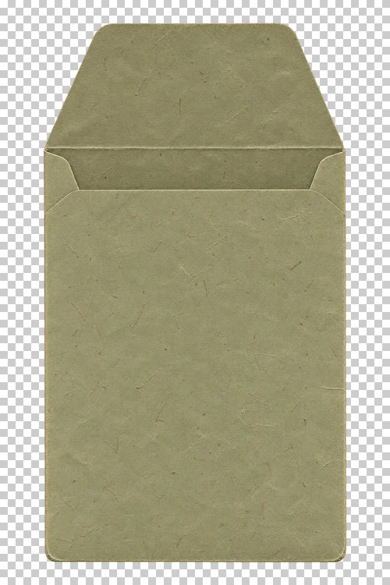 Empty open muted olive pocket envelope, viewed directly from above.