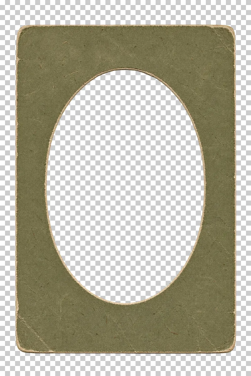 Muted olive card frame with an oval transparent opening, viewed directly from above.