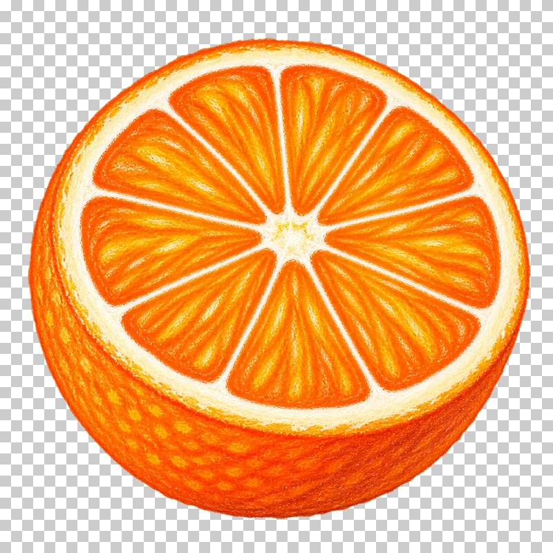 An orange half with bright orange segments, a cream pith ring and curved peel.