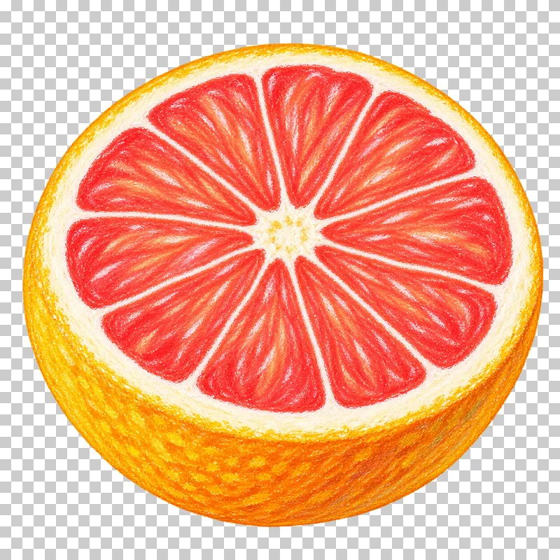 A grapefruit half with coral-pink segments, cream pith and golden yellow peel.