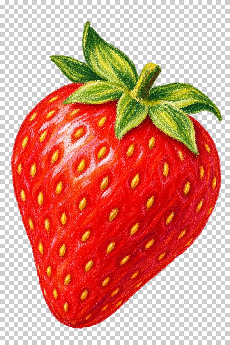 A red strawberry with golden seeds and a complete green leafy calyx.