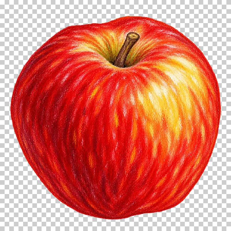 A whole red apple with a short brown stem and golden yellow highlights.