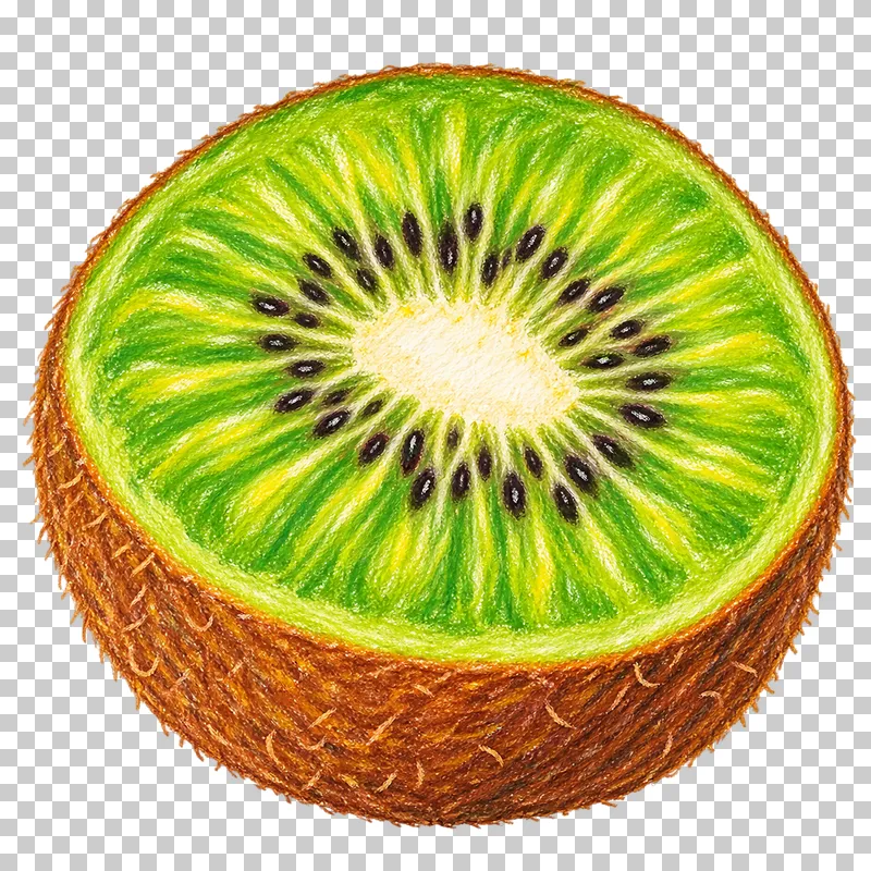 A kiwi half with green flesh, a pale center, small black seeds and brown fuzzy skin.