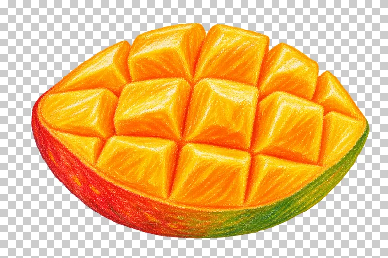 A mango cheek cut into raised golden cubes on a continuous red-green skin.