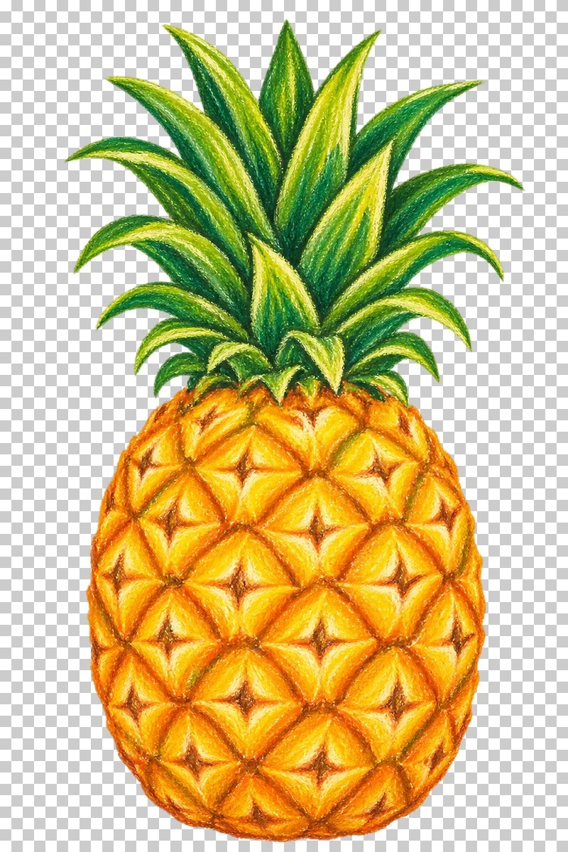 A whole golden pineapple with diamond-patterned skin and a complete green leafy crown.