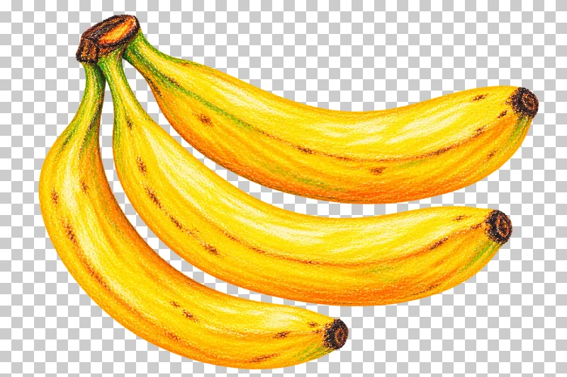 Three separate curved yellow bananas joined at a short crown, each with one dark tip and clear gaps between their bodies.