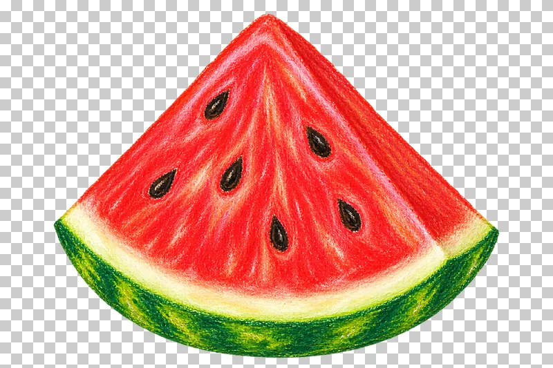 A triangular watermelon wedge with red flesh, black seeds and a curved green rind.