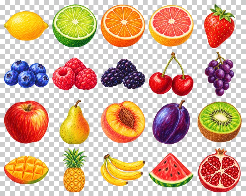 Oil Pastel Fruit PNG Collection: all 20 elements in one grid