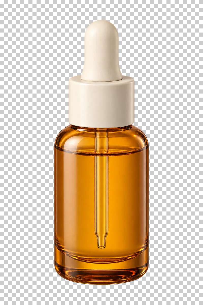 An amber glass serum bottle with a cream screw cap, rubber dropper bulb and a narrow glass pipette.