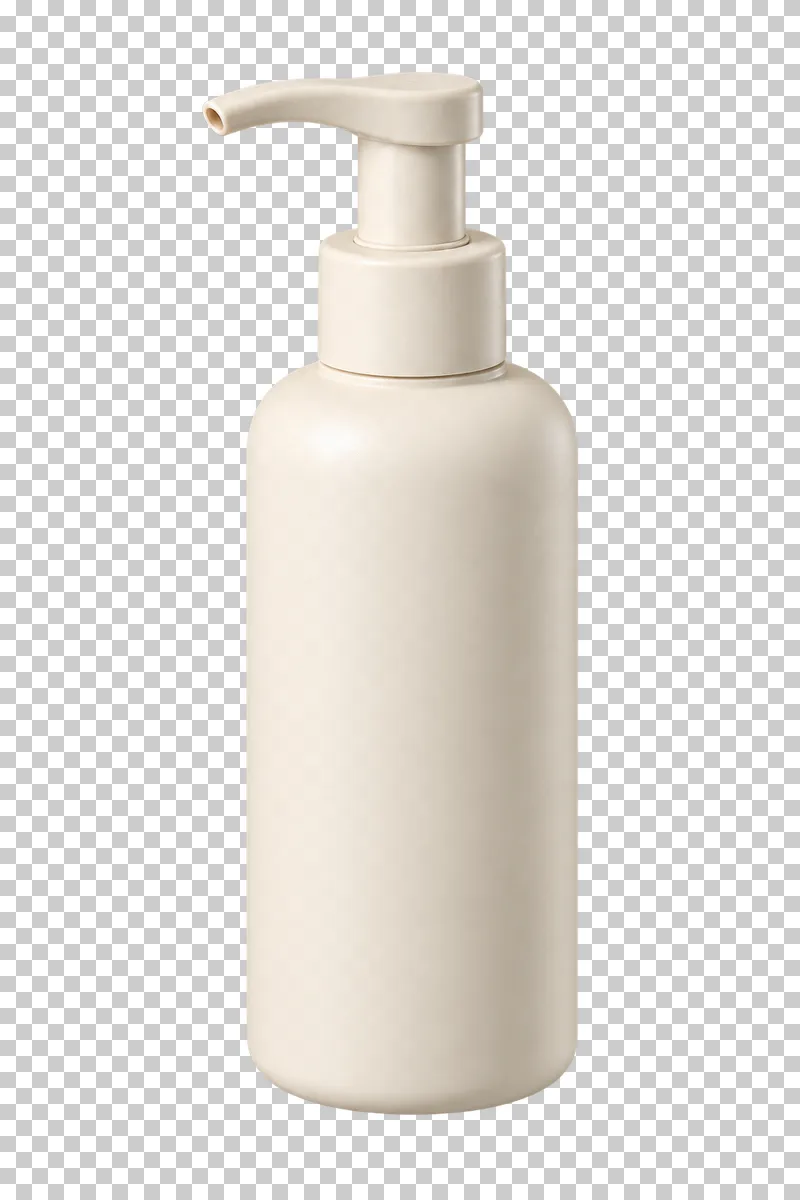 A matte cream skincare bottle with an assembled lotion pump and a left-facing dispensing spout.