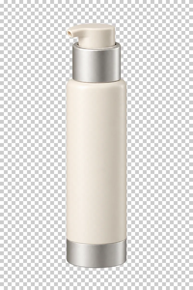 A slim cream airless dispenser with a compact pump button, silver collar and silver base.
