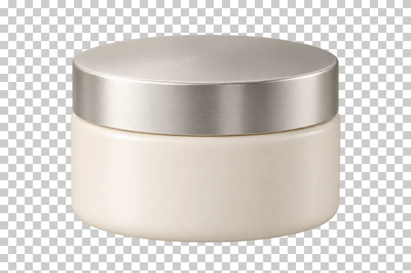 A low, wide cream jar with a closed satin silver lid.