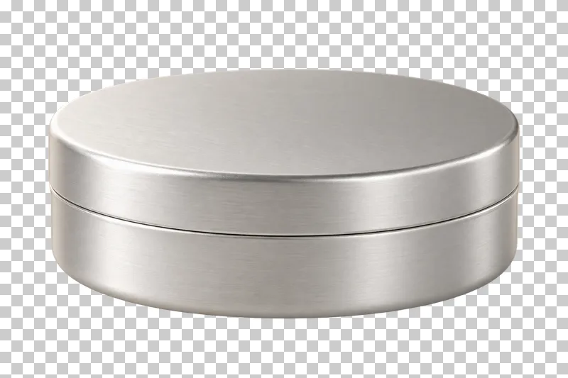 A shallow round aluminum cosmetic tin with a fitted closed lid.