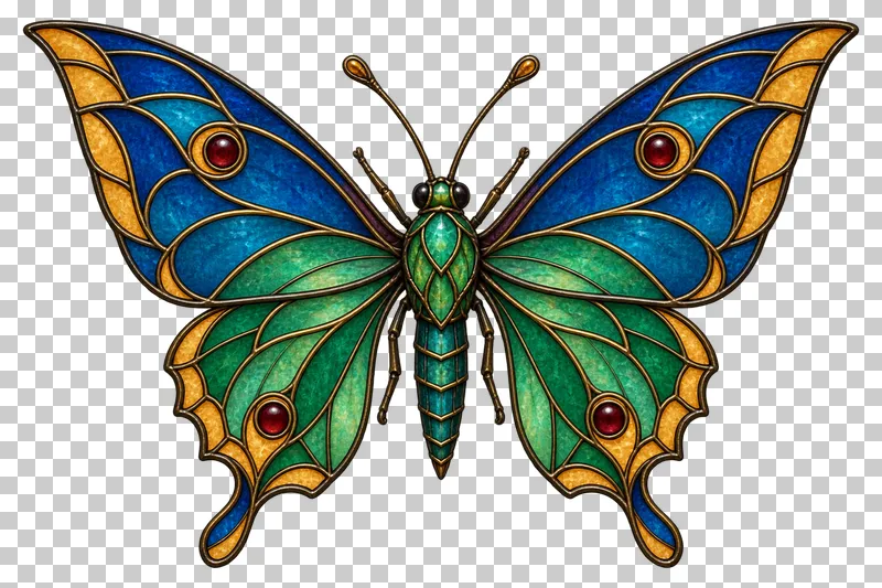 A stained glass swallowtail butterfly with pointed forewings, scalloped hindwings and dark metal seams.