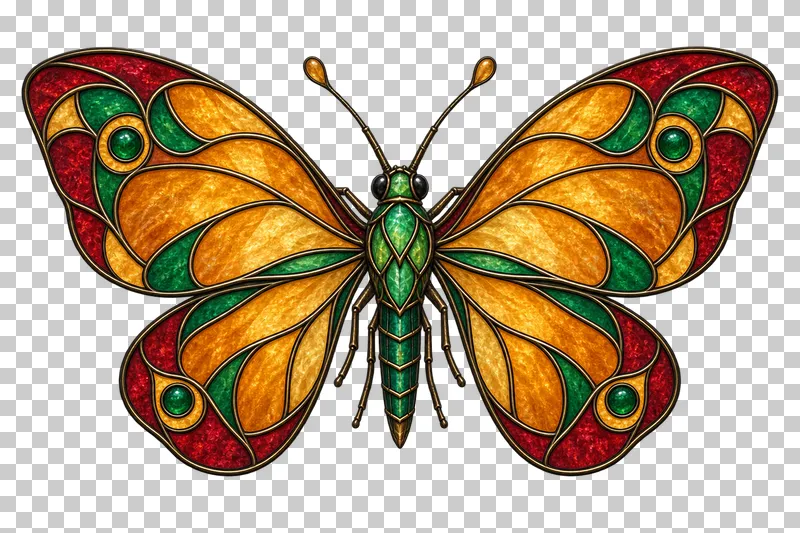 A stained glass butterfly with broad rounded wings divided into curved jewel-toned panels.