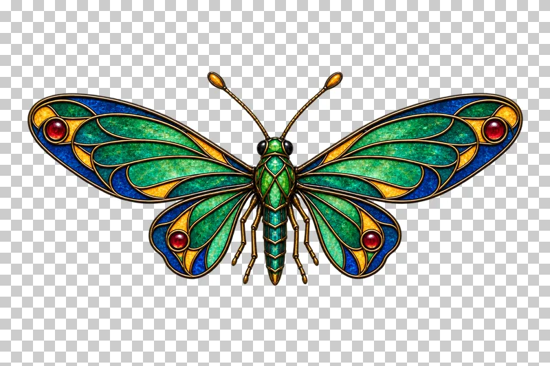 A stained glass longwing butterfly with narrow outstretched wings and compact hindwings.
