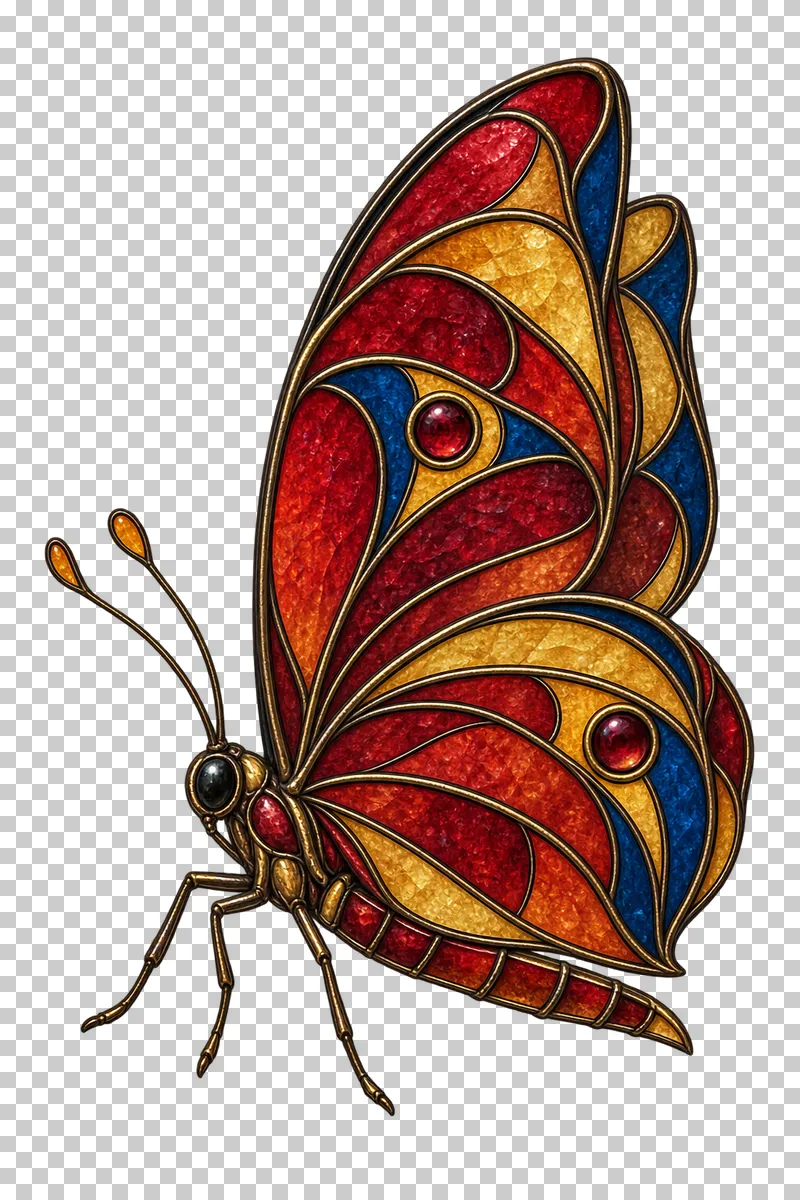 A stained glass butterfly in side profile with its layered wings folded upright.