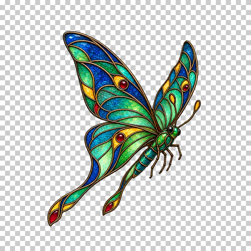 A stained glass butterfly in flight with raised wings and overlapping glass panels.