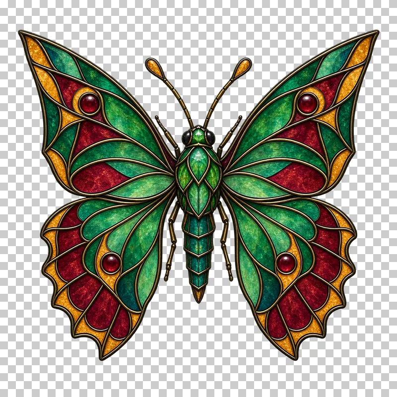 A stained glass butterfly with angular forewings and deeply scalloped hindwings.