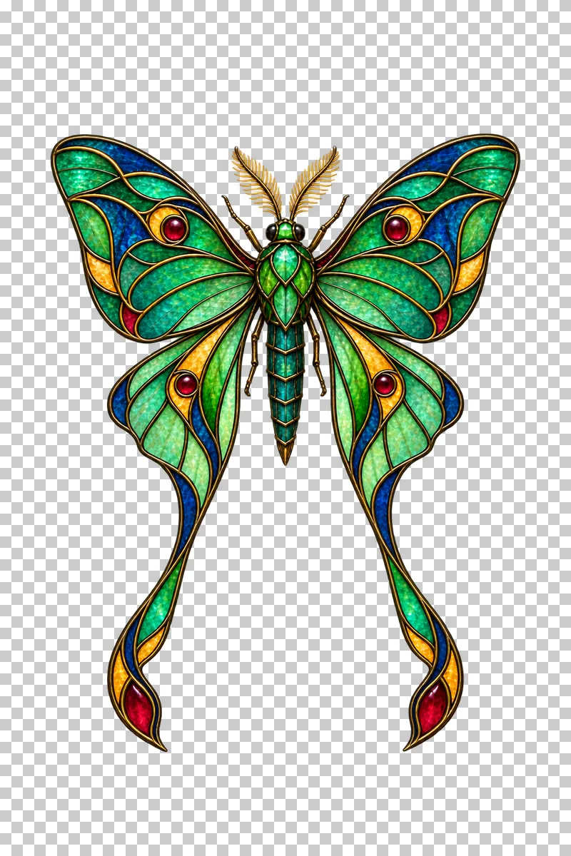 A stained glass moon moth with spread wings, feathery antennae and two long curved hindwing tails.