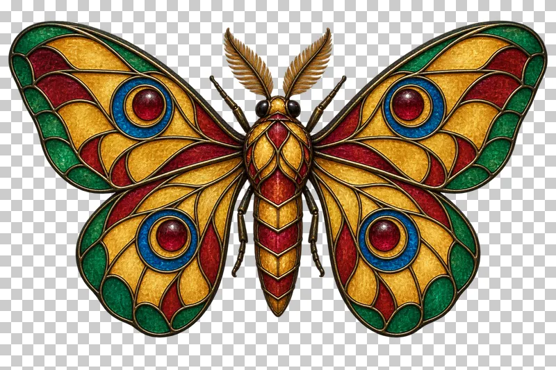 A stained glass silk moth with broad rounded wings, ornamental eyespots and a stout body.