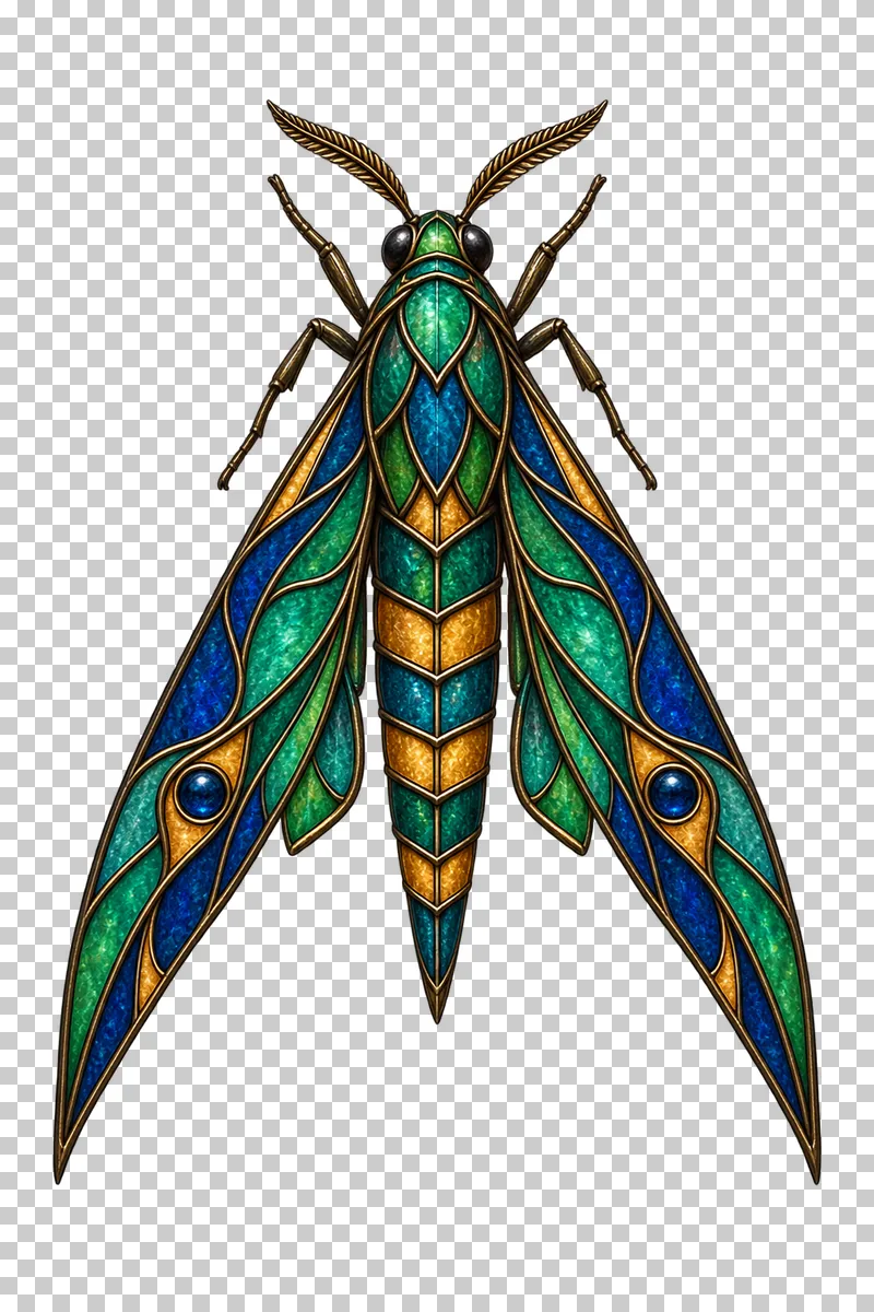 A stained glass hawk moth with pointed swept-back wings and a tapered abdomen.