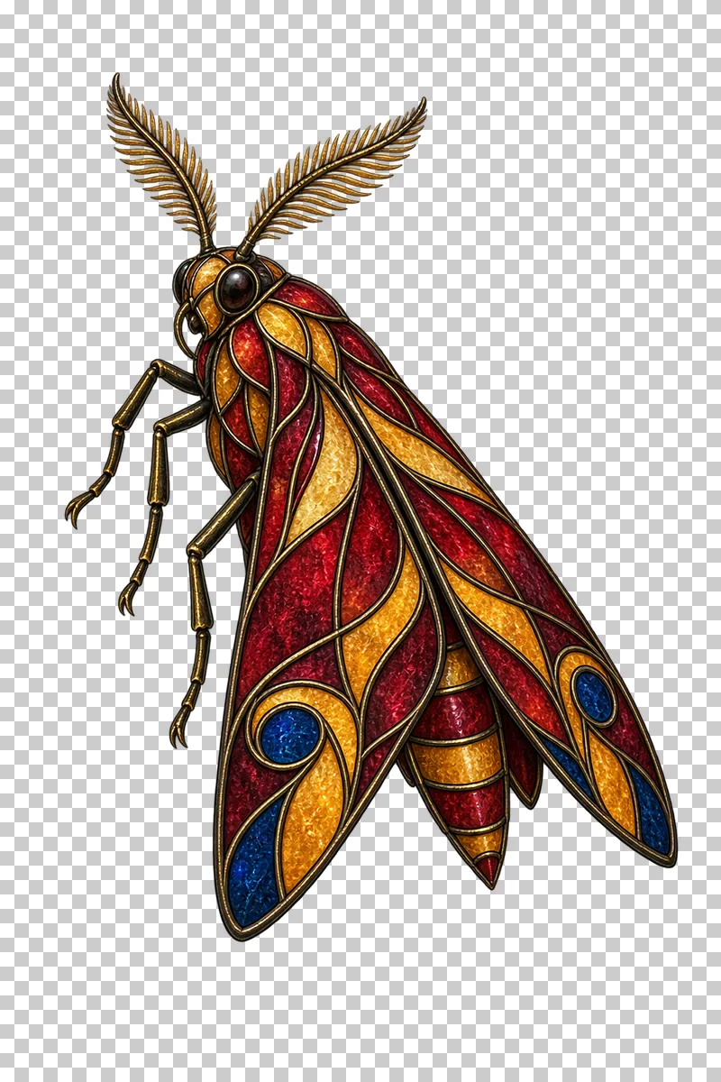 A stained glass tiger moth with roof-shaped folded wings and a striped abdomen.