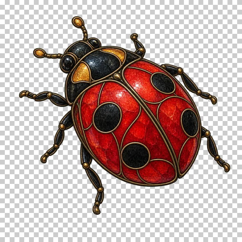 A stained glass ladybird beetle with domed red wing cases, dark spots and jointed legs.