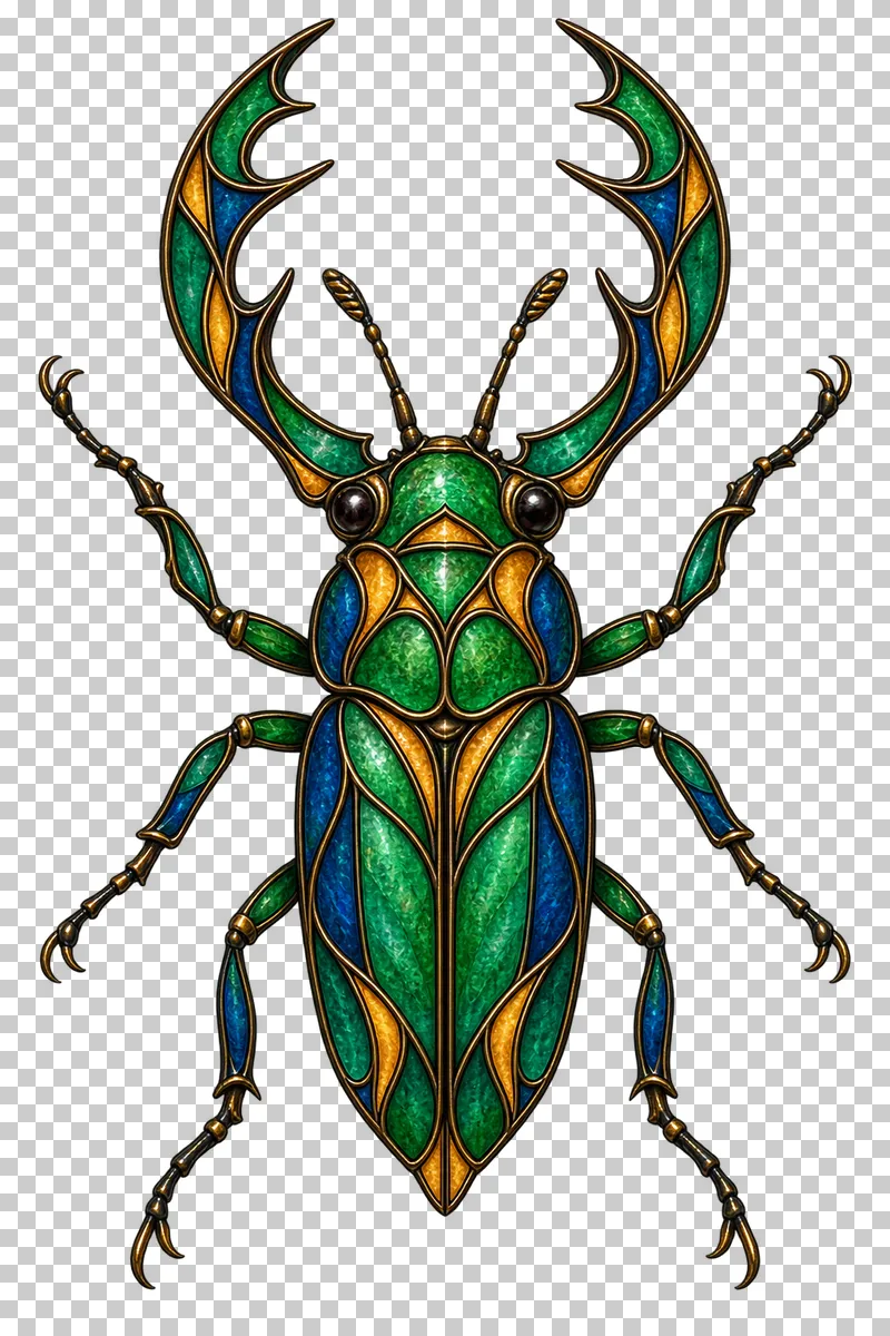 A stained glass stag beetle with elongated wing cases and paired antler-like mandibles.