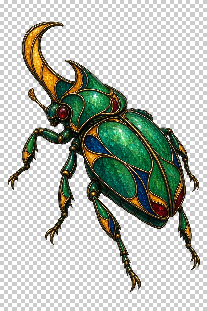 A stained glass rhinoceros beetle with convex wing cases and a curved horn.