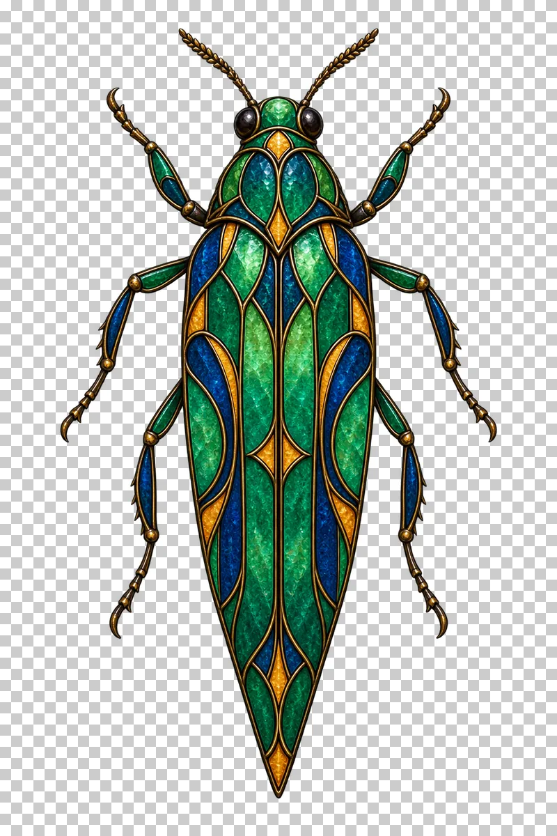 A stained glass jewel beetle with tapered emerald and sapphire wing cases.
