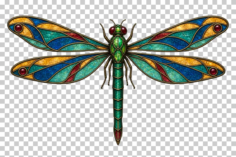 A stained glass dragonfly with four narrow outstretched wings and a slender segmented abdomen.