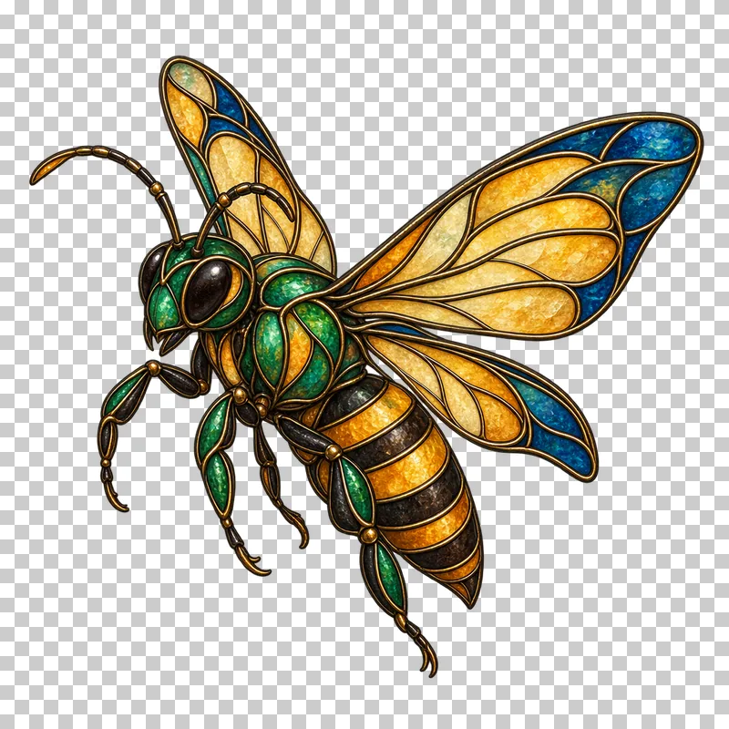 A stained glass bee with an amber-banded body and overlapping translucent wings.