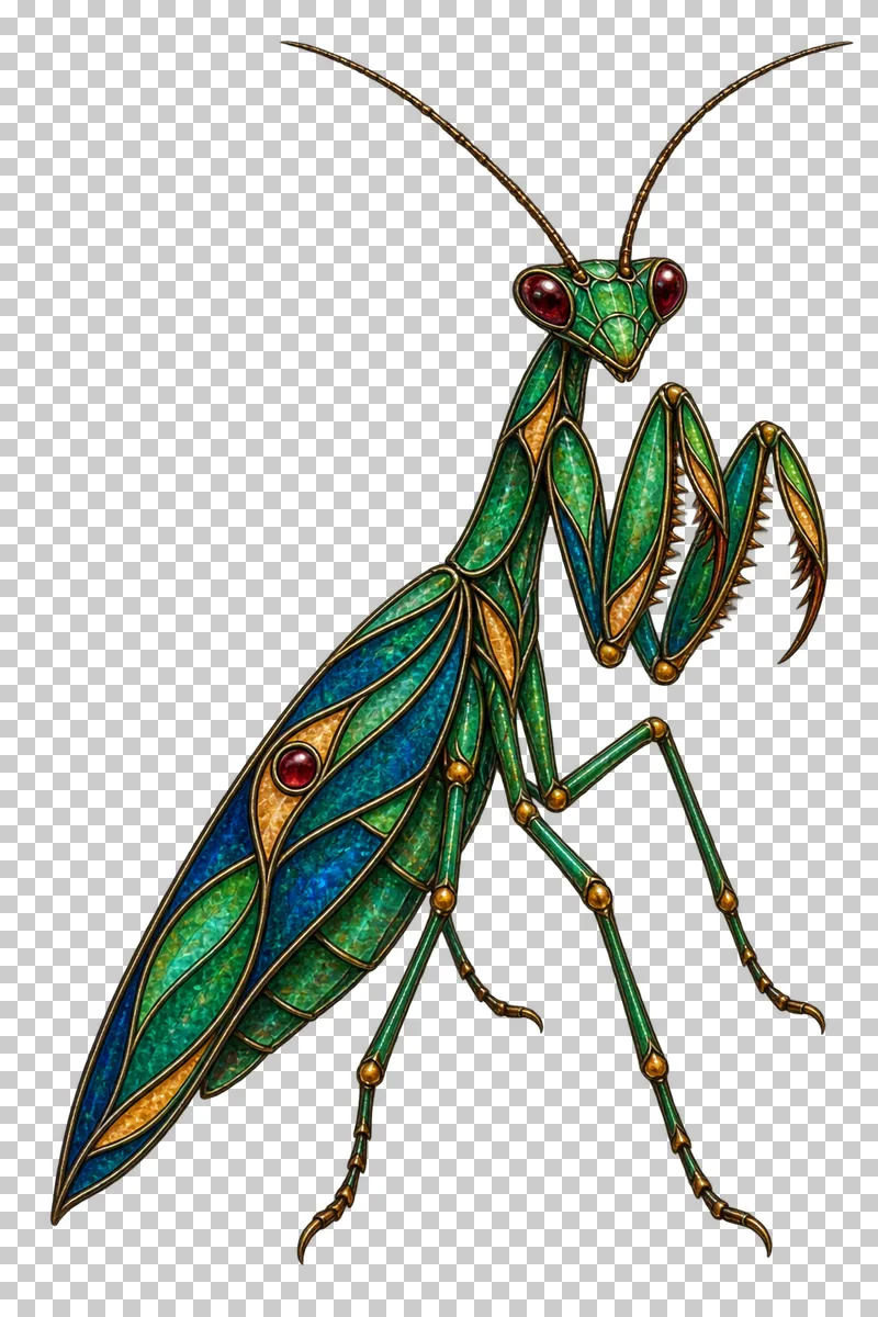 A stained glass praying mantis with folded grasping forelegs and a long green body.