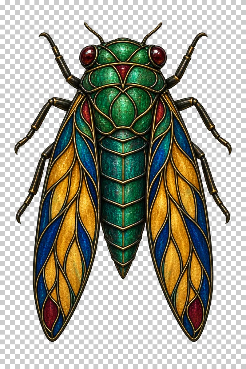 A stained glass cicada with a broad head and long veined wings beside its segmented body.