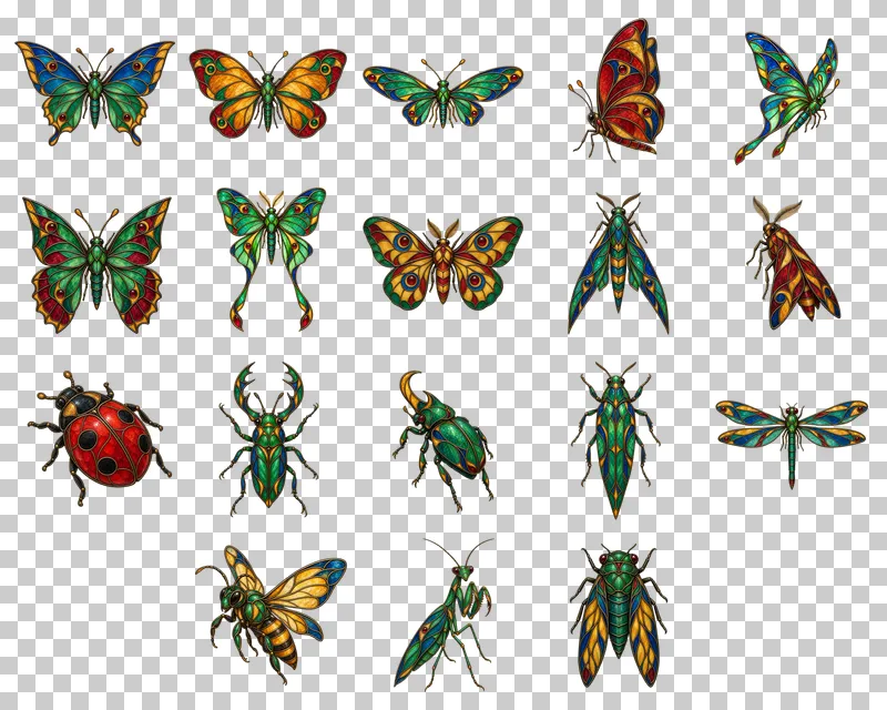 Stained Glass Insects PNG Collection: all 18 elements in one grid