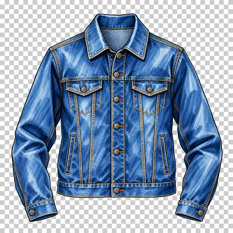 A blue denim trucker jacket with long sleeves, chest flap pockets and ochre stitching, drawn with layered alcohol-marker strokes.